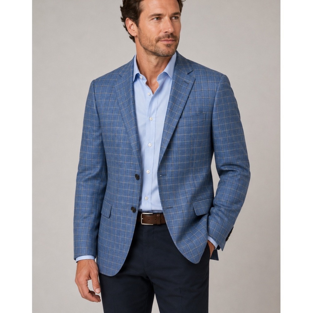Oxxford Clothes Mens Sport Coat 46L Blue Cashmere Silk Plaid Long Tall Business